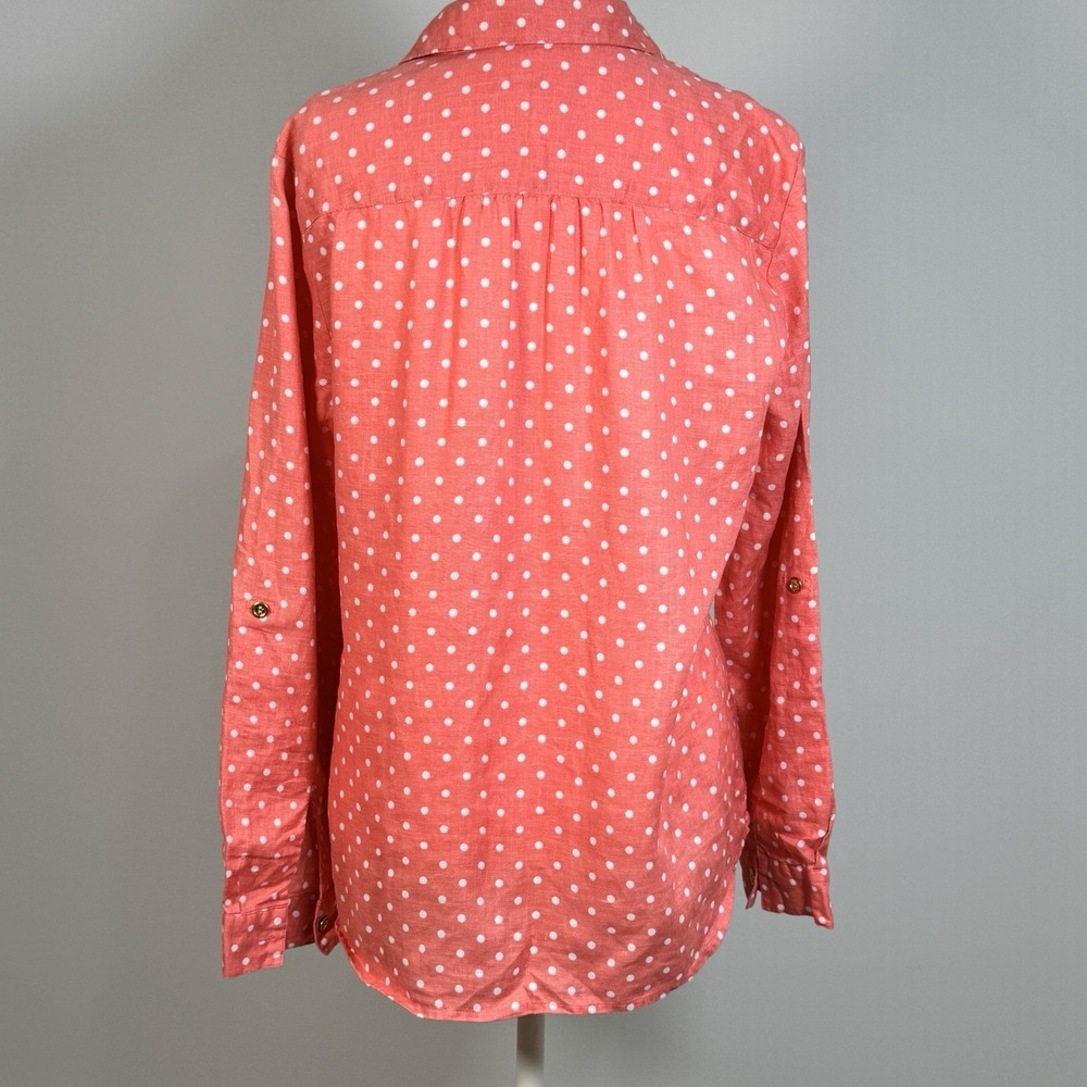 Charter Club Luxury Linen Shirt Womens M Coral Polka Dot Tab Sleeve Button Up - Picture 3 of 10